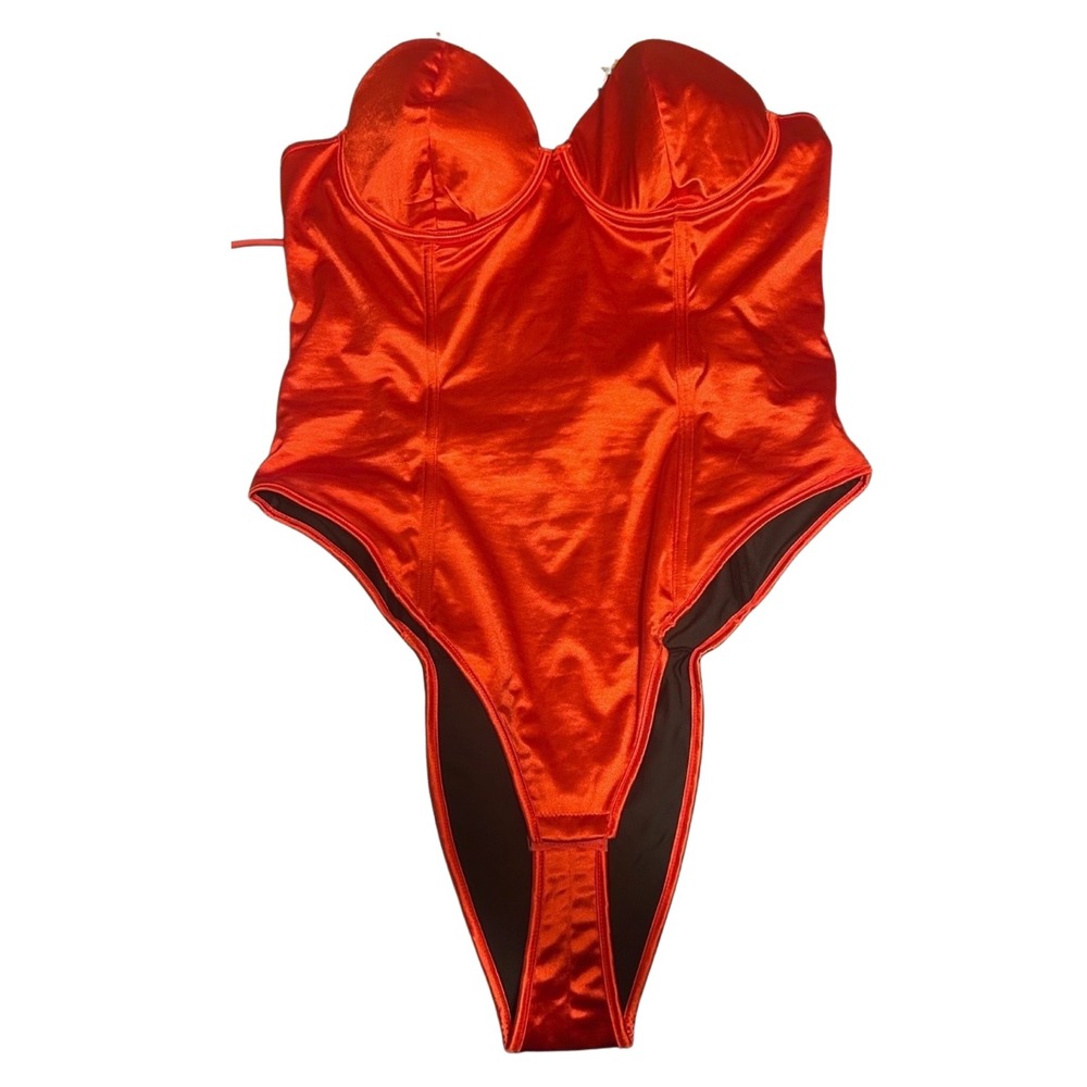 Red Satin Playboy Style Bunny Costume Set Bedazzled Ears Collar Cuffs Plus Size - Picture 4 of 7